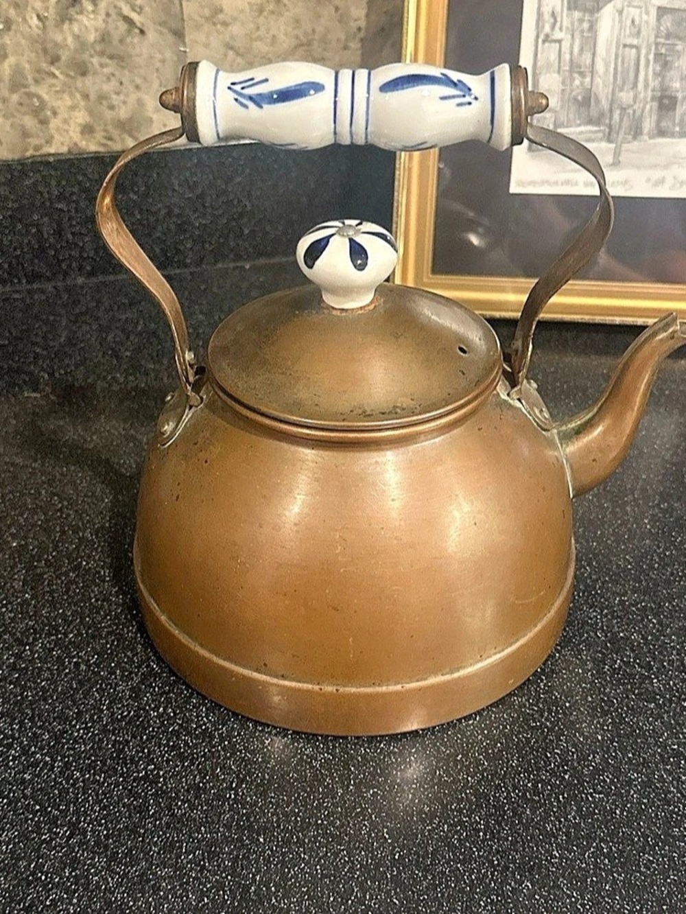 Vintage Copper Tea Kettle with Blue and White porcelain details.